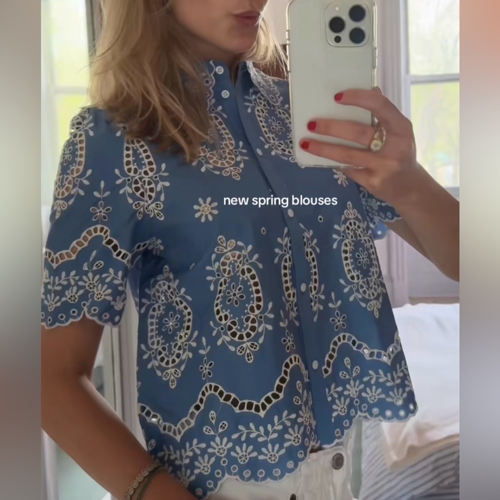 🌼Sezane ELVIRA BLOUSE in CREAM Blue CHAMBRAY Embroidered Button-Up Blouse - Picture 2 of 11